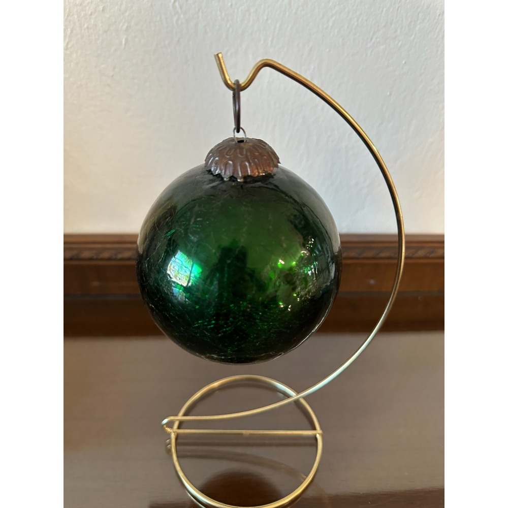 Vintage Midwest Kugel Green‎ Crackle Mercury Glass Christmas Ornament 4"